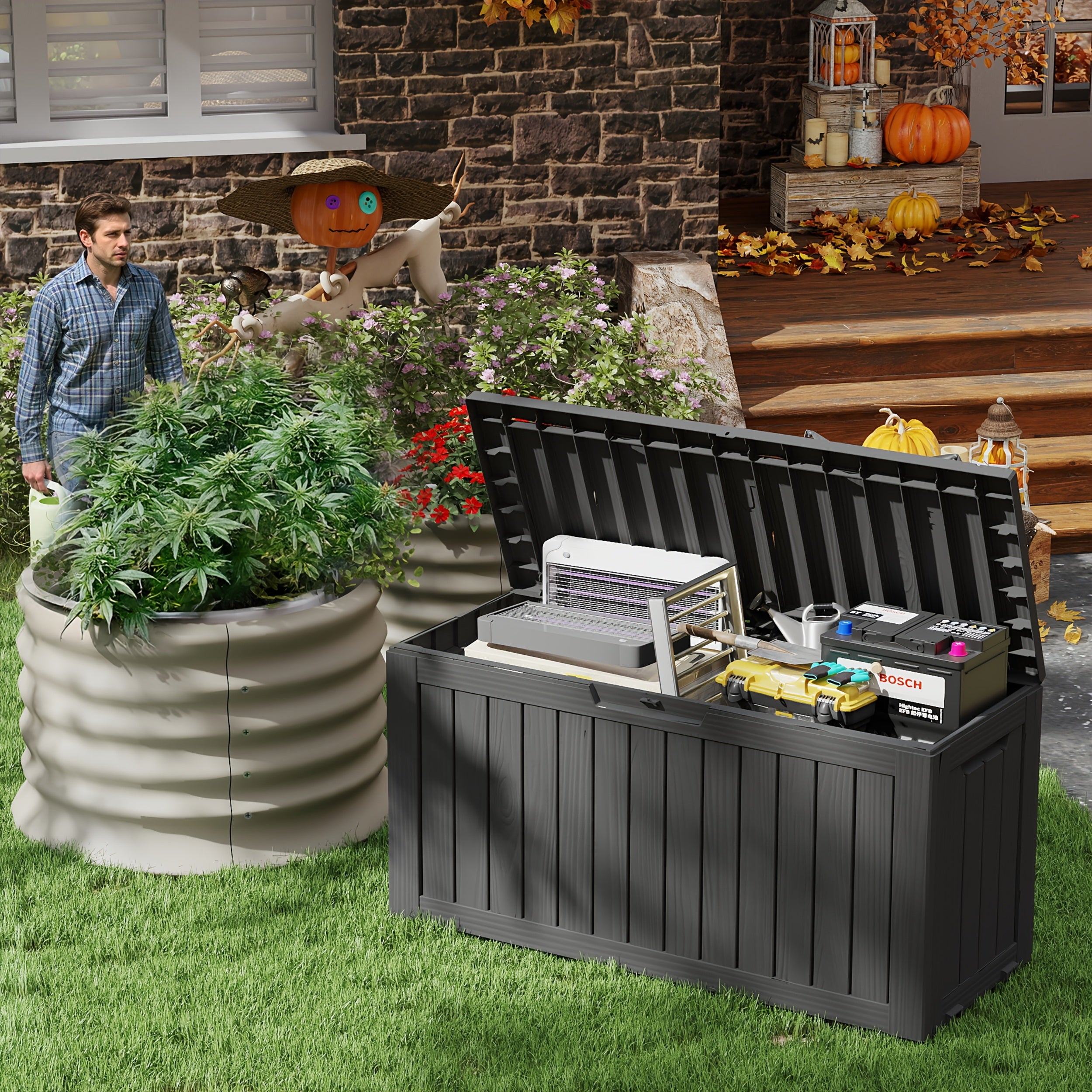 100/75Gallon Large Outdoor Storage Lockable Deck Box, UV & Water-Resistant, Resin Organizer With Lockable Lid For Weed/ Flower/ Bud Plant, UPS/ Backup Generator, Protect Your Investment, Perfect Ho...