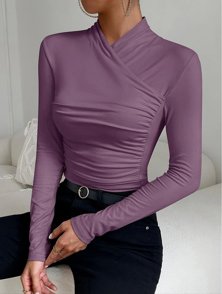 Cross Collar Pleated Slim Long Sleeve Top