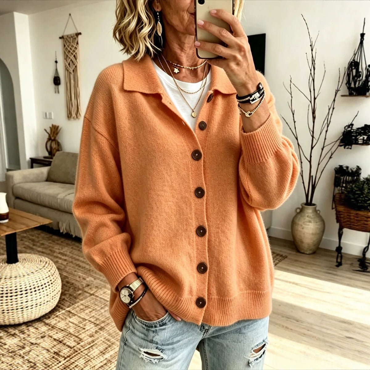 Knitted Cardigan with Buttons and a Lapel Womens Outerwear