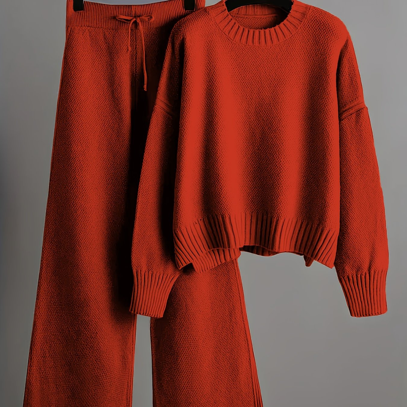 Ladies' Early Autumn New Sweater Fashion Two-piece Set: Unique Pattern Round Neck Drop Shoulder Long Sleeve Pullover + Straight Wide Leg Pants Combination, Loose And Casual Series