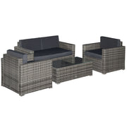 4 Piece Wicker Patio Furniture Set with Cushions, Outdoor Sectional Furniture with 2 Sofa, Loveseat, and Glass Top Coffee Table, Conversation Sofa Sets for Garden, Black