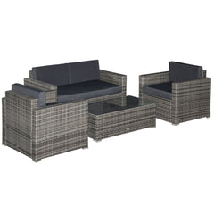4-piece wicker patio furniture set with cushions and glass coffee table