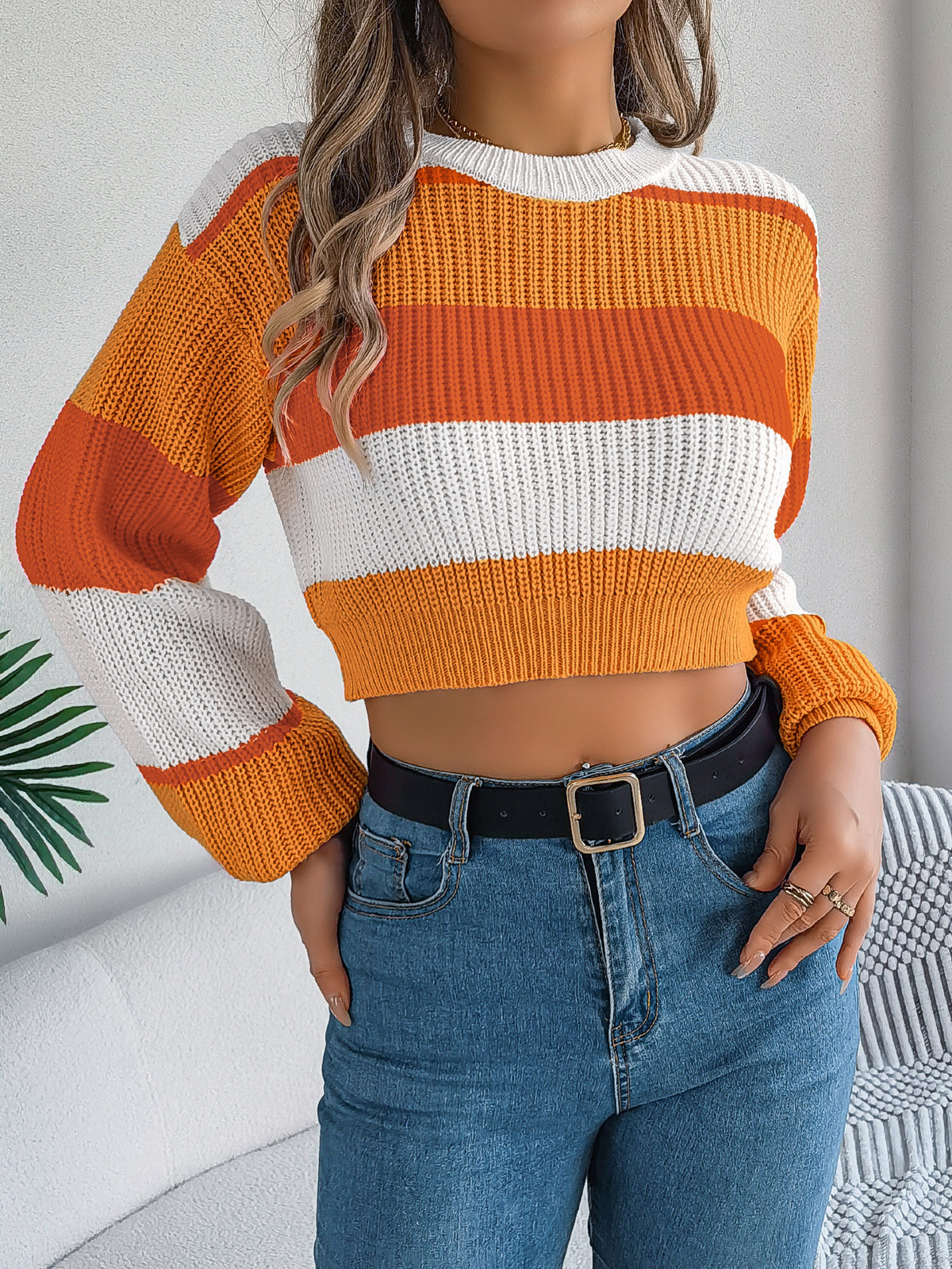 Autumn and Winter Leisure Color Matching Lantern Sleeve Pullover Midriff-baring Sweater