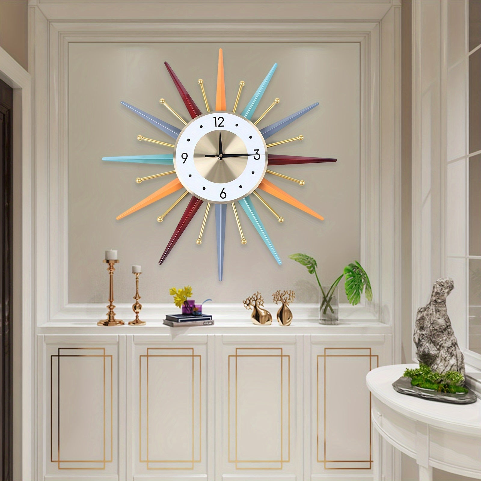 22.05inch Vintage Sunburst Wall Clock Colorful 3D Hollow Metal Large Wall Clock Decor