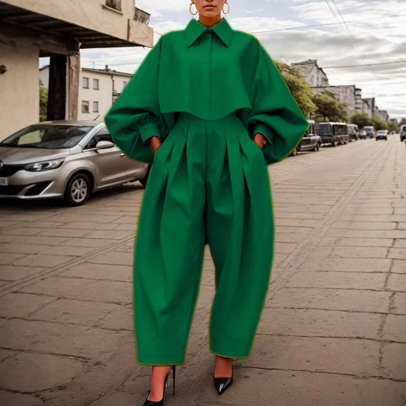 Elegant Long-Sleeve Green Jumpsuit for Chic Commuting