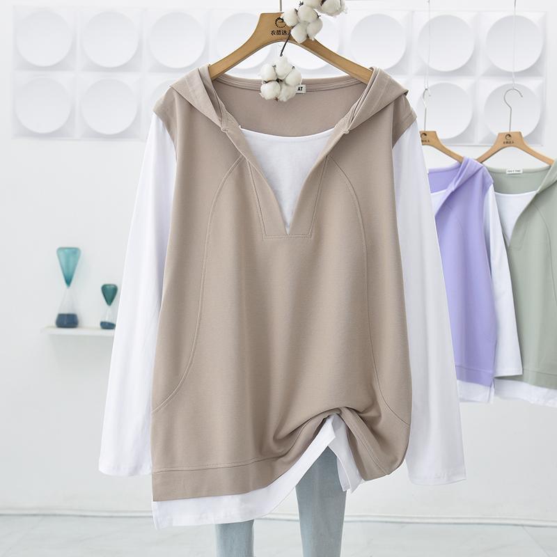 Comfy Fake Two-Piece Hooded Mid-Length Sweatshirt