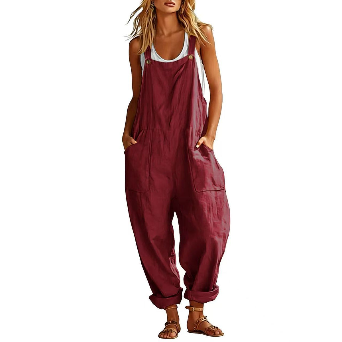 Women's Casual Sleeveless Loose Patch-Pocket Jumpsuit