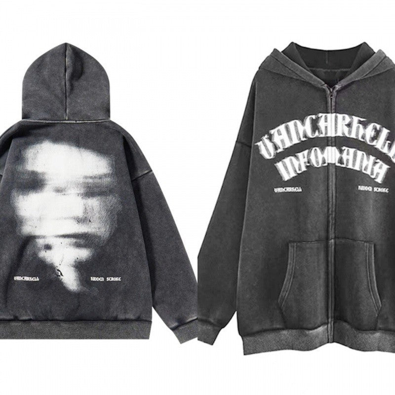 Vintage Distressed Oversized Letter Zip Hoodie