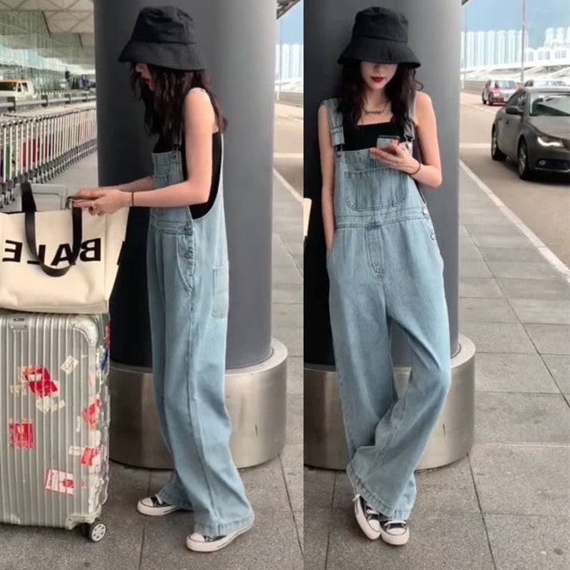 Plus Size High Waist Wide Leg Denim Suspender Pants