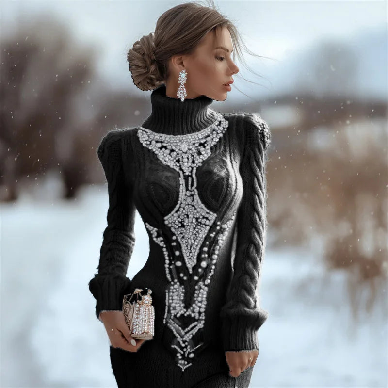 Printed Women's Slim-fit High-neck Bodycon Dress Sweater