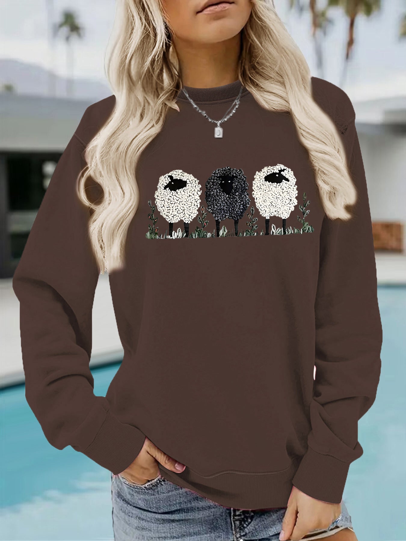 Chic Round Neck Printed Cashmere Pullover Sweater