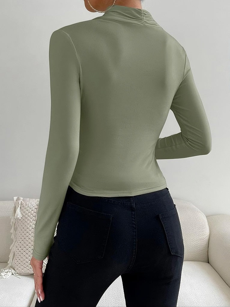 Cross Collar Pleated Slim Long Sleeve Top