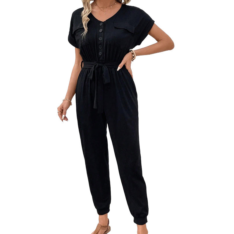 Jumpsuit Lace-up Short Sleeve Black