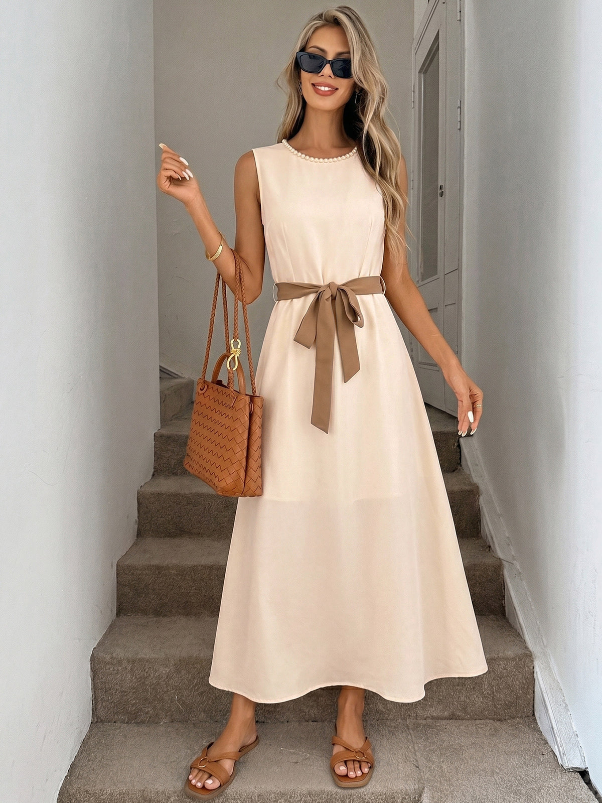 Pearl Neck Sleeveless Self-tie Belt A-line Midi Dress