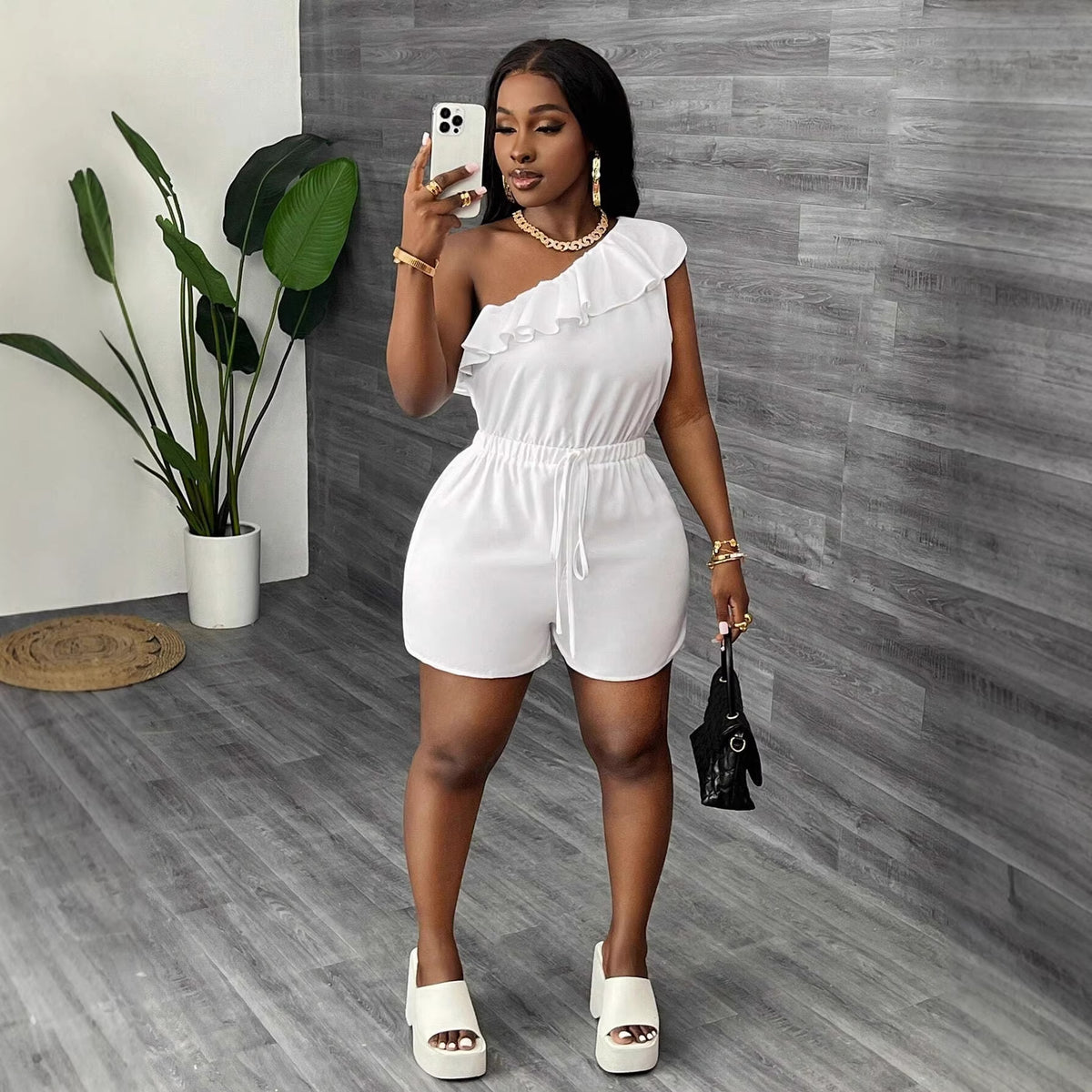 Elegant White Ruffled Hem Resort Jumpsuit