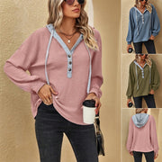 Women's Casual Button Hooded Sweatshirt Loose Waffle Top