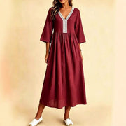 Womens Mid-length Dress with a Relaxed Lace-trimmed Collar and Three-quarter Sleeves