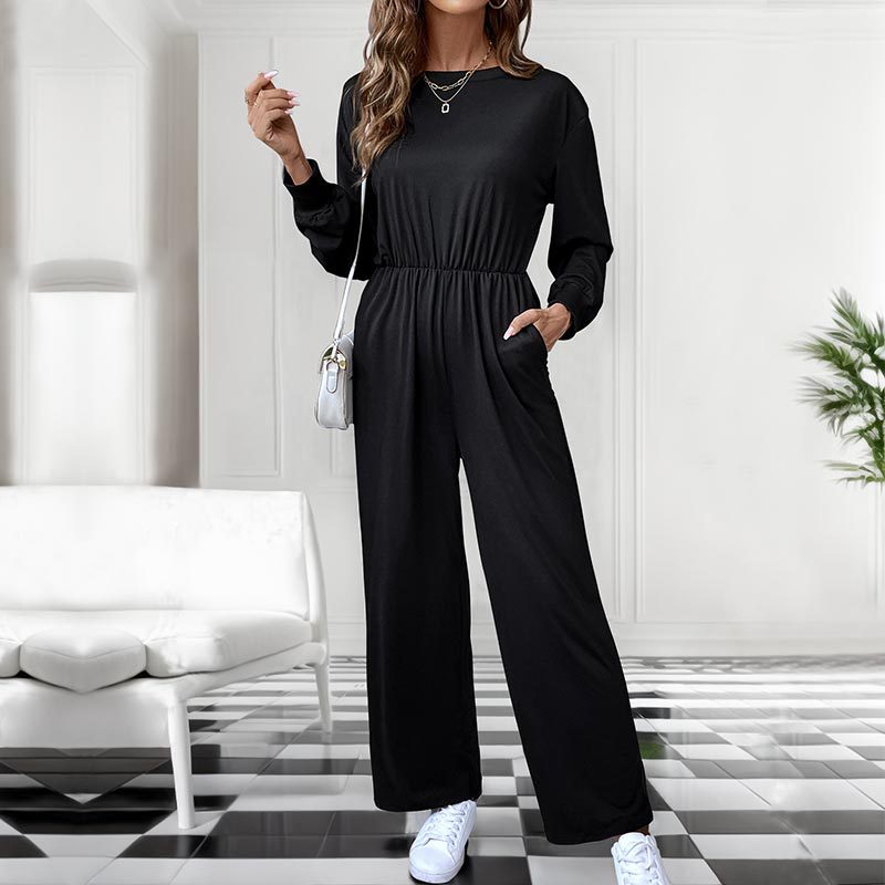 Women's Casual Solid Long Sleeve High-Waist Jumpsuit