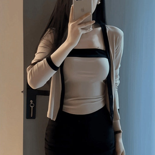 Pure And Alluring Contrasting Color Off-Shoulder Camisole With Cardigan Inner Set