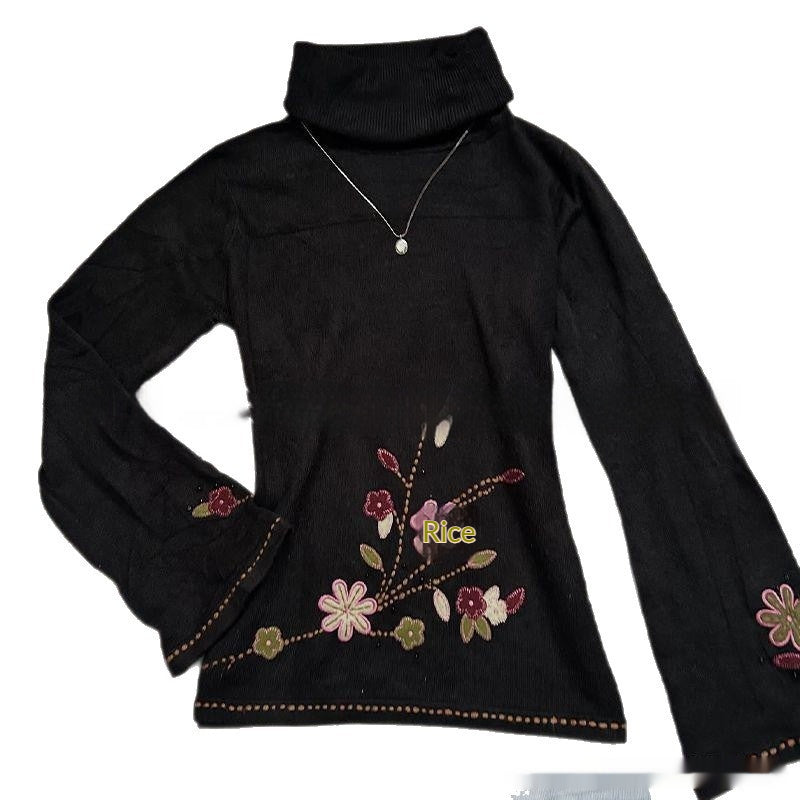Retro Artistic Floral Print Mock-neck Long-sleeve Sweater for Women
