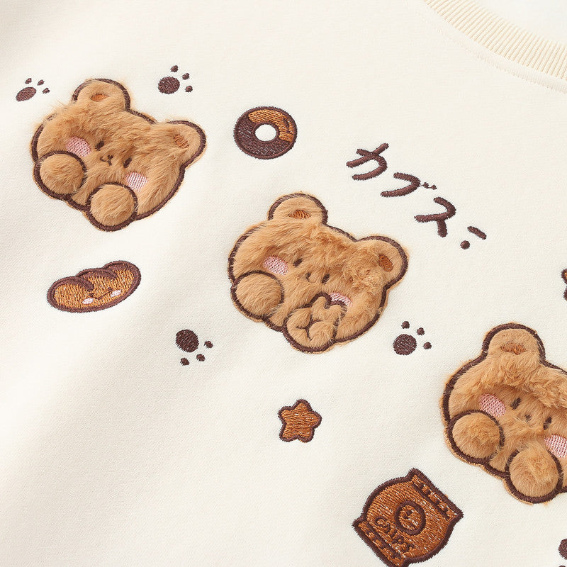 Cute Bear Embroidered Fleece-Lined Thick Pullover Sweater