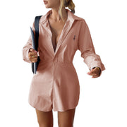 Women's Casual Cotton Button-Up Long Sleeve Top & Shorts Set