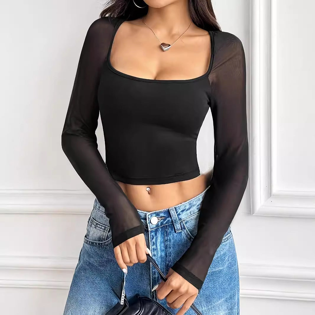 Elegant Patchwork Square‑Neck Short T‑Shirt – Slim Fit, Versatile Style