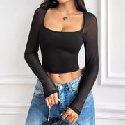 Elegant Patchwork Square‑Neck Short T‑Shirt – Slim Fit, Versatile Style