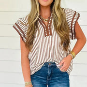 Khaki Striped V‑Neck Blouse with Double Ruffles – Short Sleeve