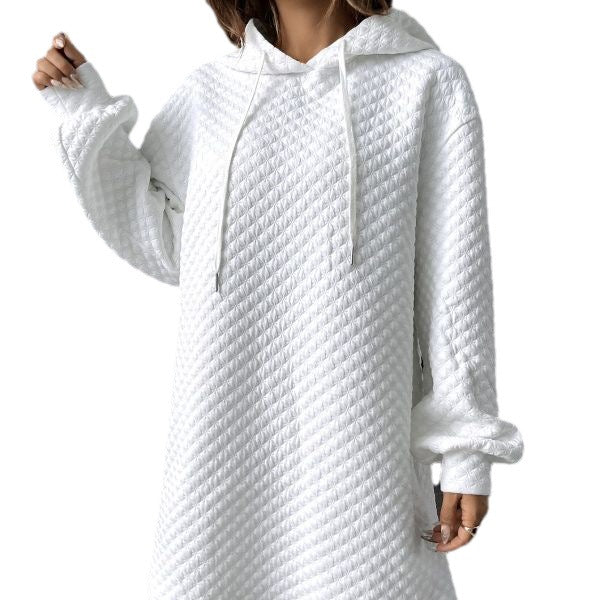Waffle Knit Loose Drawstring Hoodie Casual Sweatshirt