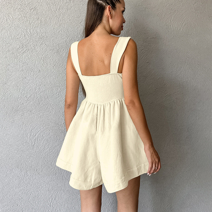 Khaki Cotton Linen Wide Leg Sleeveless Jumpsuit