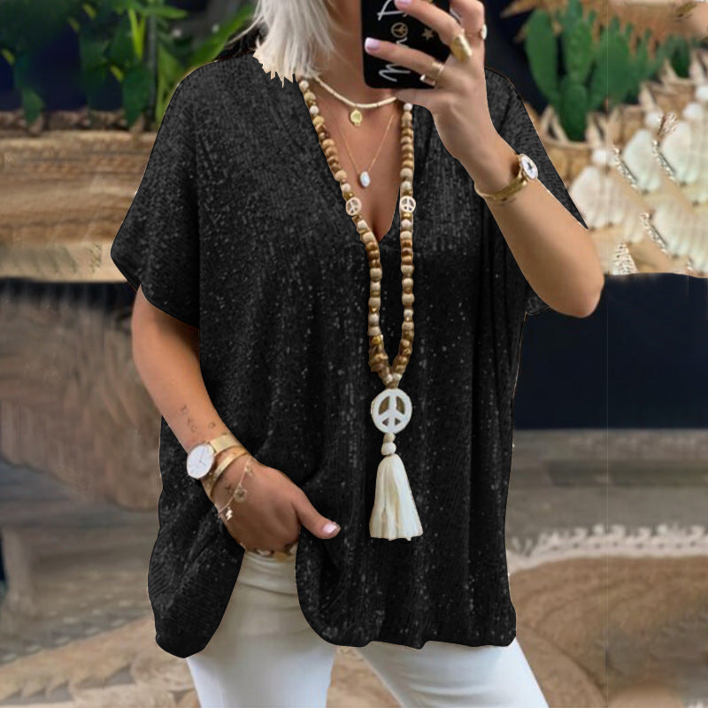 Women's Sequined V-Neck Loose Pullover Top