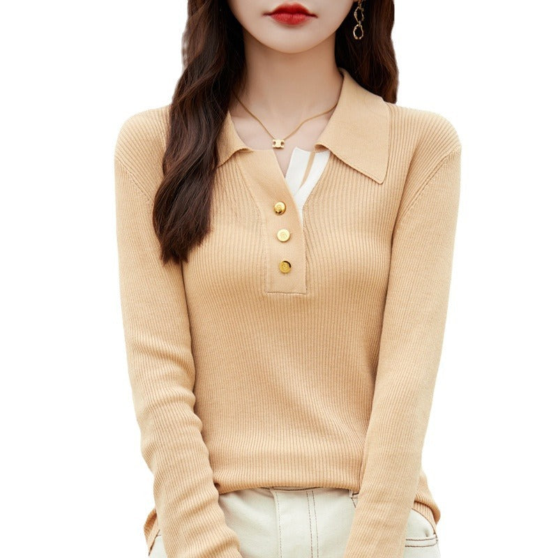 Spring Color Stitching Turnover Neck Design Women's Tencel Sweater