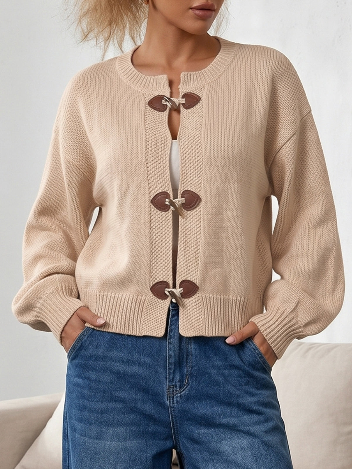 Vintage Horn-button Knitted Cardigan Womens Sweater