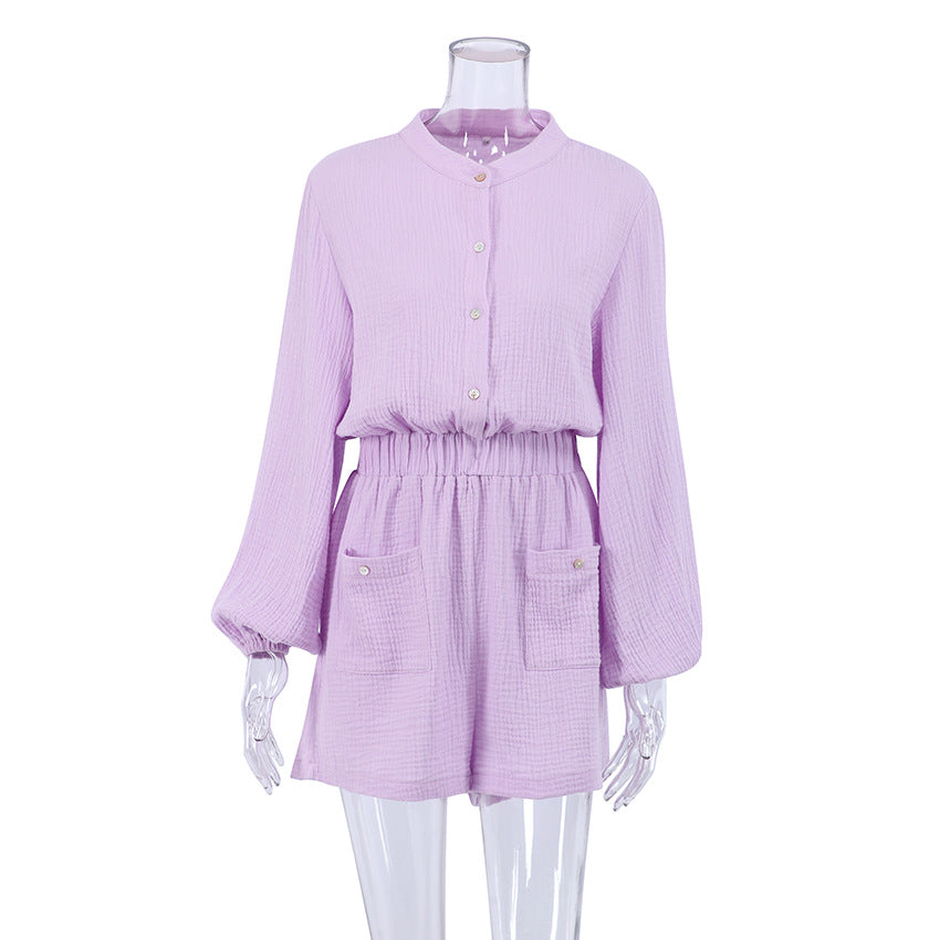 White Cotton Fashionable One-piece Pajamas With Long Sleeves And Shortscomfortable Cool And Breathable
