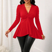 V‑Neck Long‑Sleeve Casual Top – Slim Fit, Soft Silk Blend