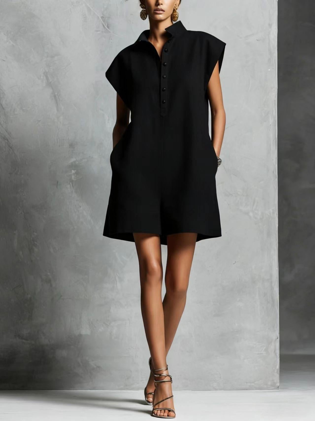 Women's Casual Lapel-Neck Sleeveless Short Jumpsuit
