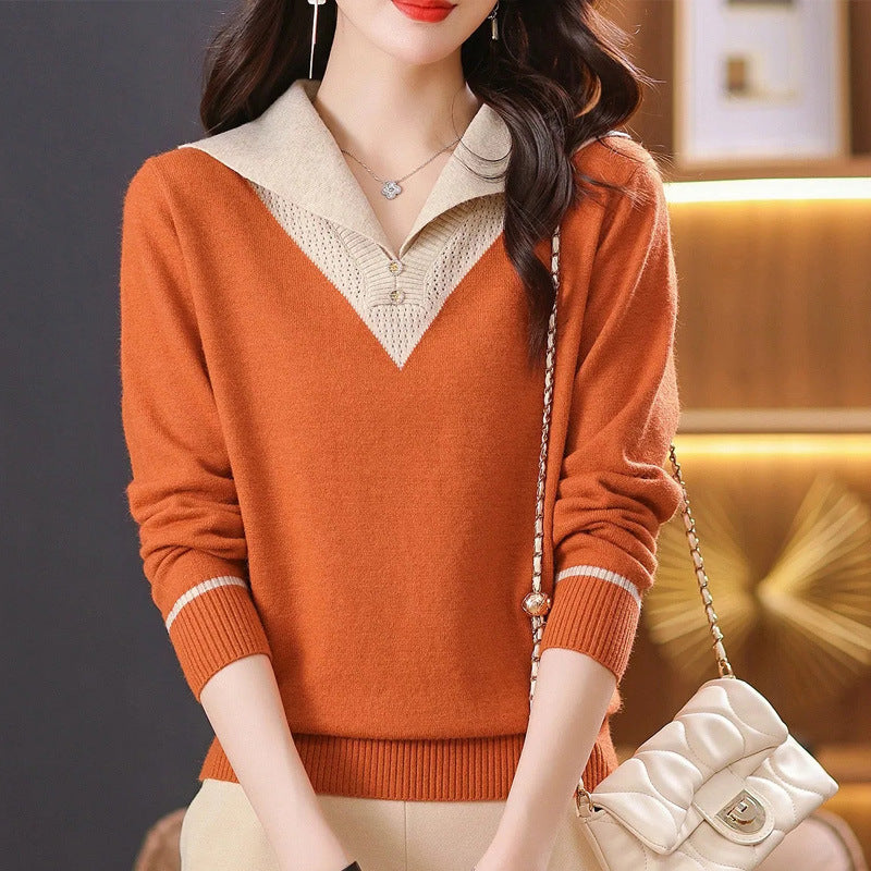 Womens Versatile Navy-neck Pullover Knit Top