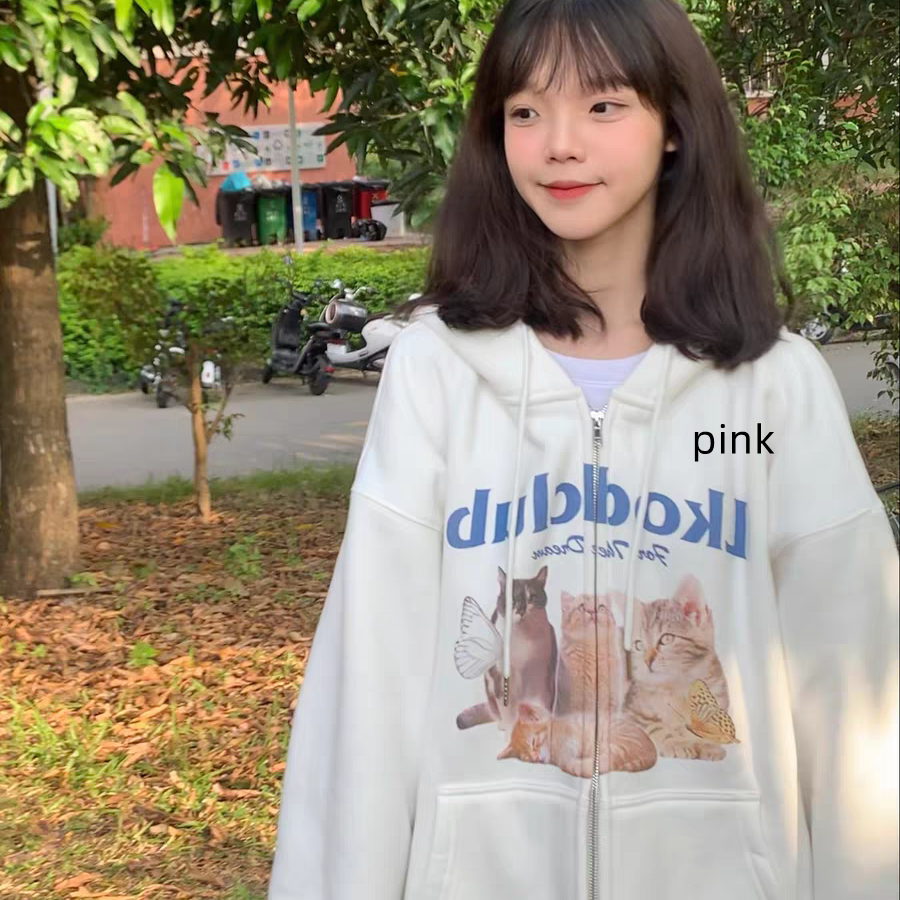 Cute Kitten Print Fleece Hooded Cardigan