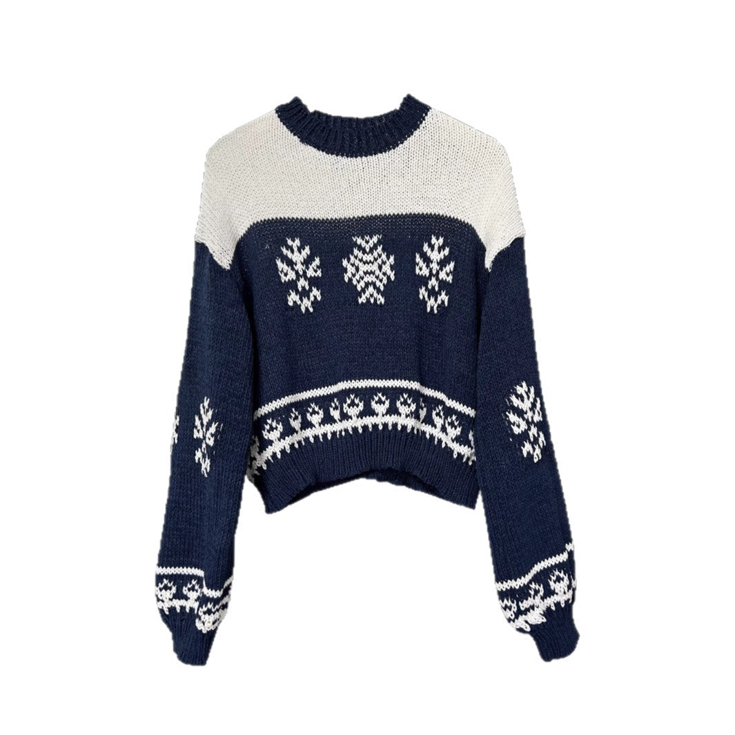 Autumn and Winter New Pullover Round Neck Contrast Color Sweaters Women's Clothing
