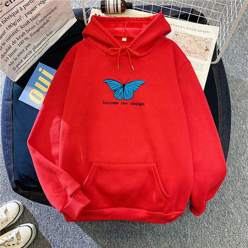 Cozy Butterfly Print Loose Pullover Hoodie