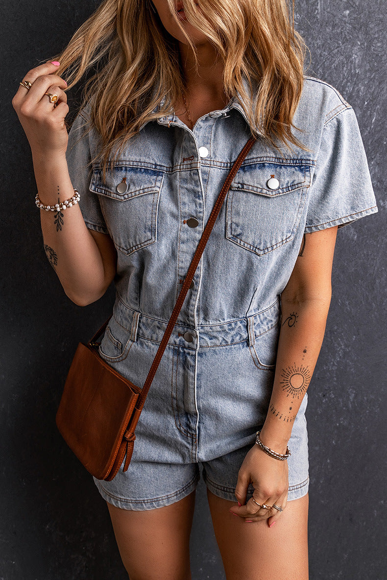 Retro Washed Denim Short Sleeve Jumpsuit Romper