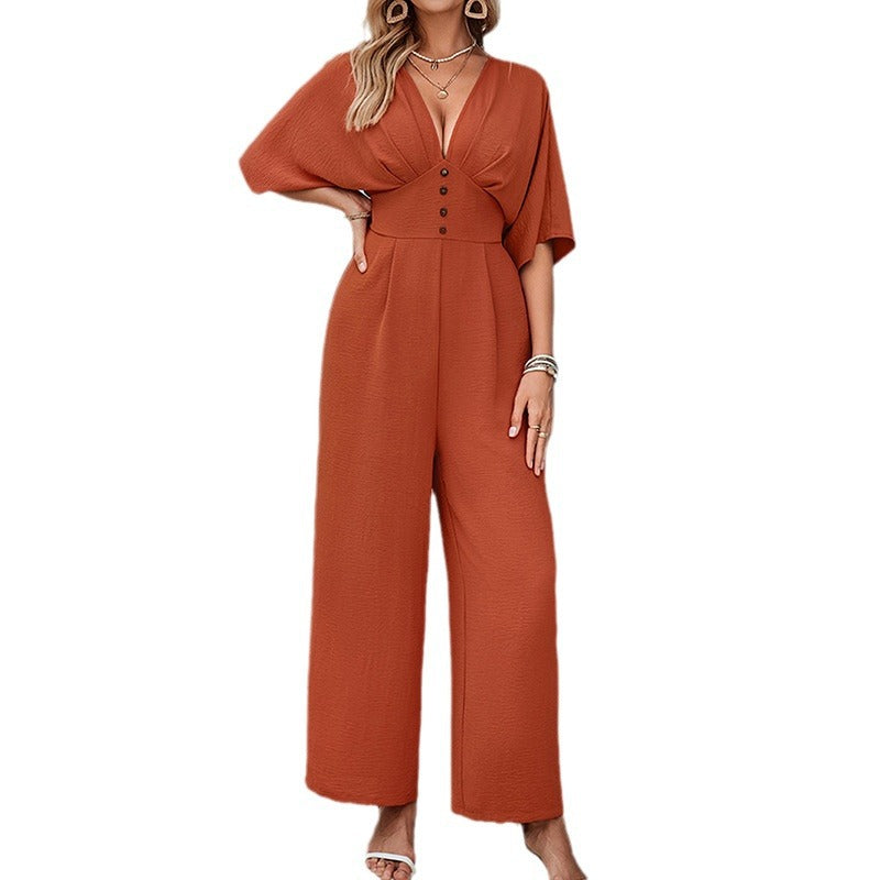 Women's Solid Short Sleeve Casual Jumpsuit