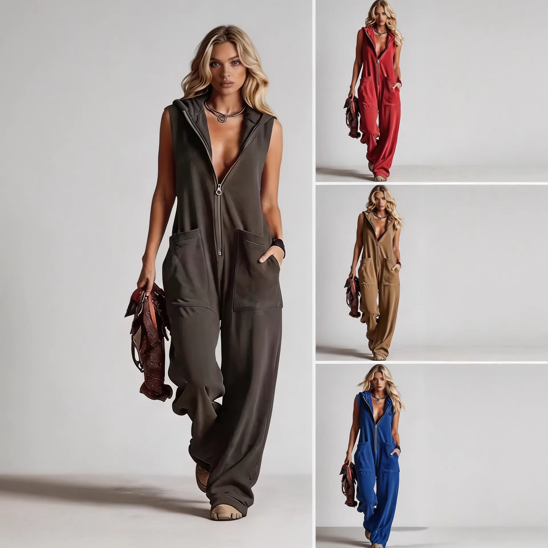 Women's Retro Hooded Zip-Up Casual Jumpsuit