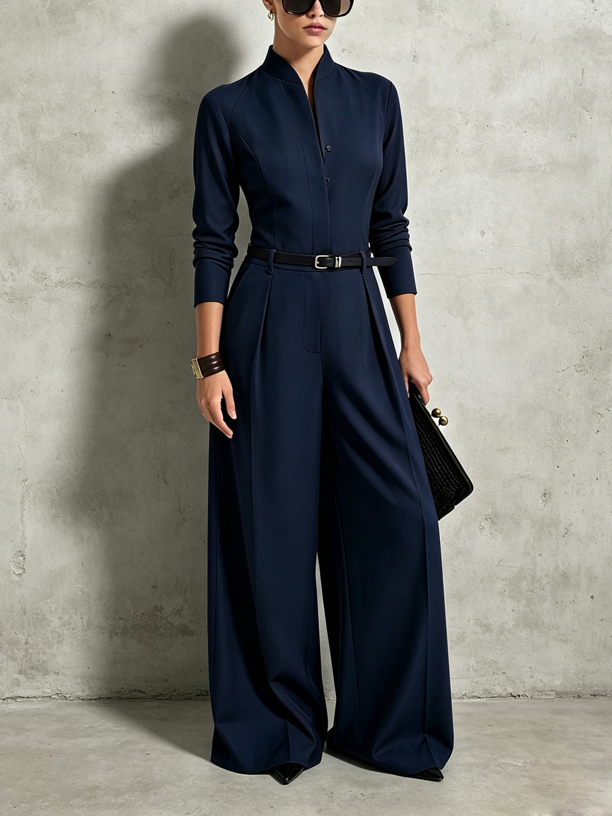 Chic Stand-Collar Long Sleeve Wide-Leg Jumpsuit