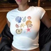 Slim-Fit Summer T-Shirt – White Conch Shell Print, Fresh & Trendy