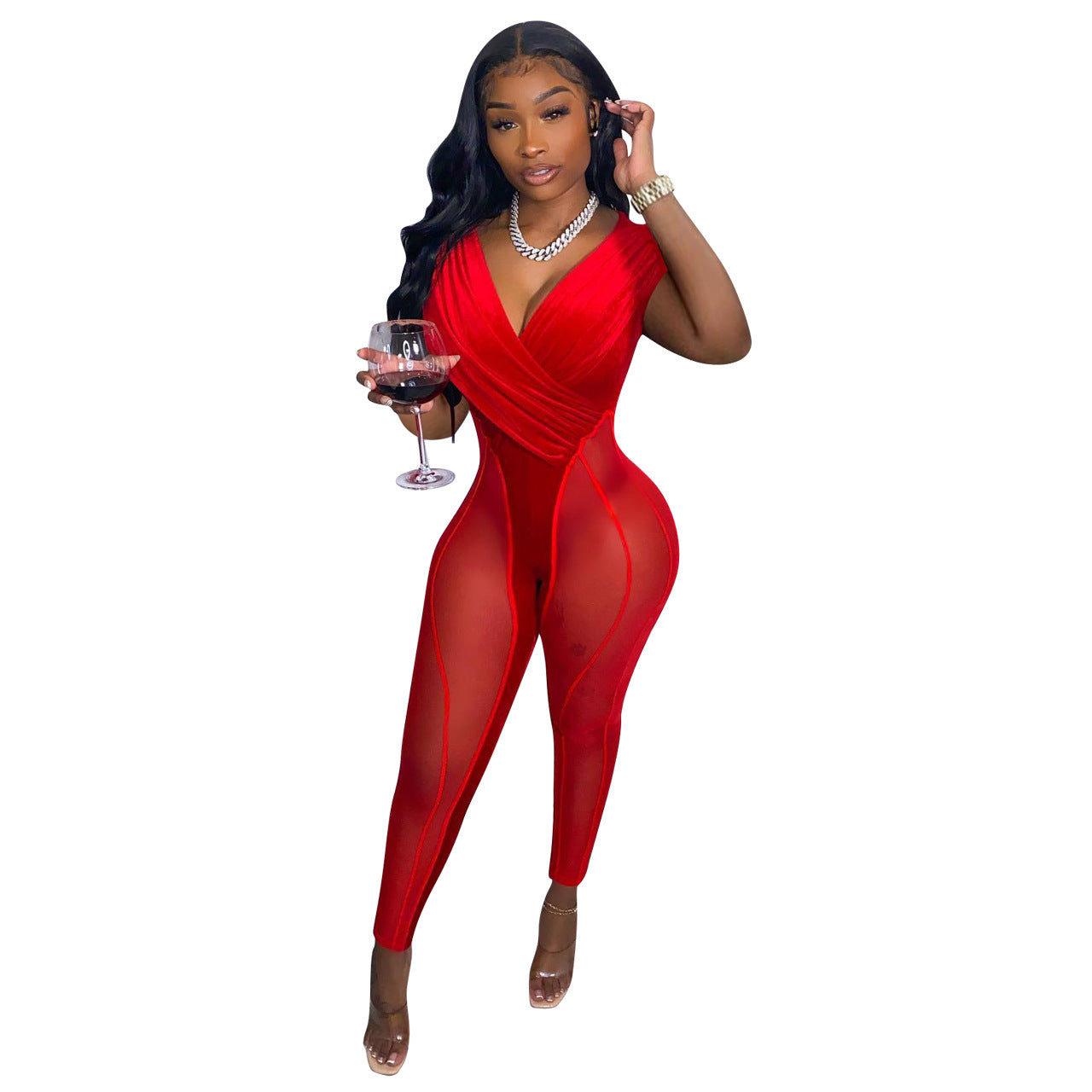 Women's Mesh Patchwork Slim Streetwear Jumpsuit