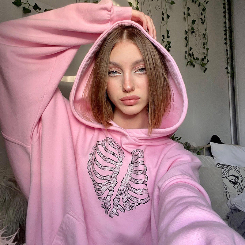 Sparkly Skeleton Rhinestone Y2K Loose Hoodie