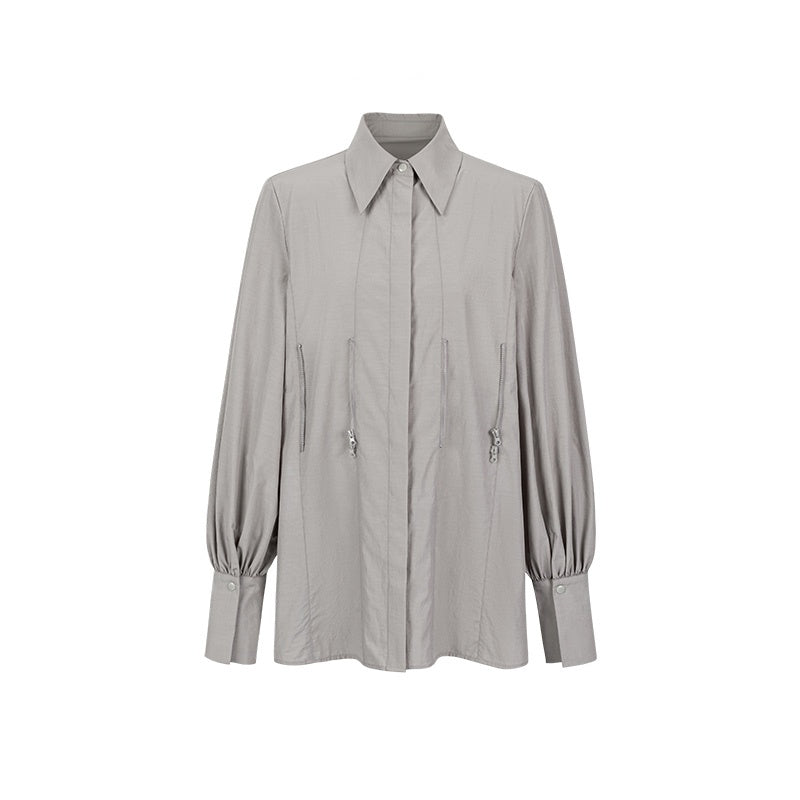 All-match Loose Slimming Zipper Long Sleeve Waist Trimming Shirt