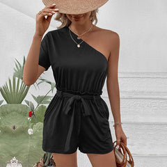 Casual Solid Color Strapless One-Piece Romper Shorts